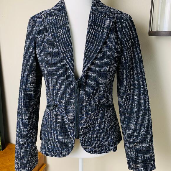 Cabi Size 4 Women's Tweed Blazer Jacket Black White Blue Zip Front Career Preppy - Picture 2 of 11